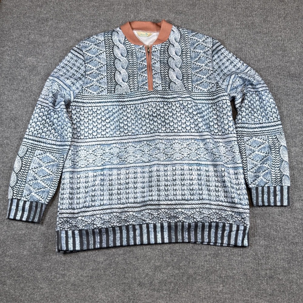 Royaura Shirt Men Large Blue Print Pullover Quarter Zip Long Sleeve‎ Crew Collar